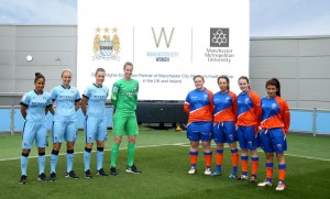 Man City Women players alongside Manchester Metropolitan University partners