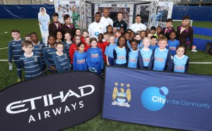 Vincent Kompany, Sergio Aguero, Kelechi Iheanacho, and Brandon Barker - City in the Community team up with Etihad Airways on their school sports programme