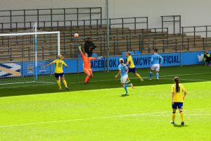 Jane Ross' backheel tipped over by Nicola Hobbs of Doncaster Belles