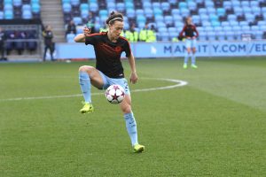 Lucy Bronze warming up before Man City Women v Fortuna Hjorring
