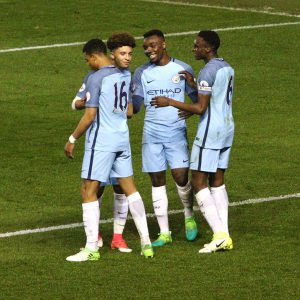 Lukas Nmecha celebrates his goal with Jadon Sancho, Thierry Ambrose and Rodney Kongolo