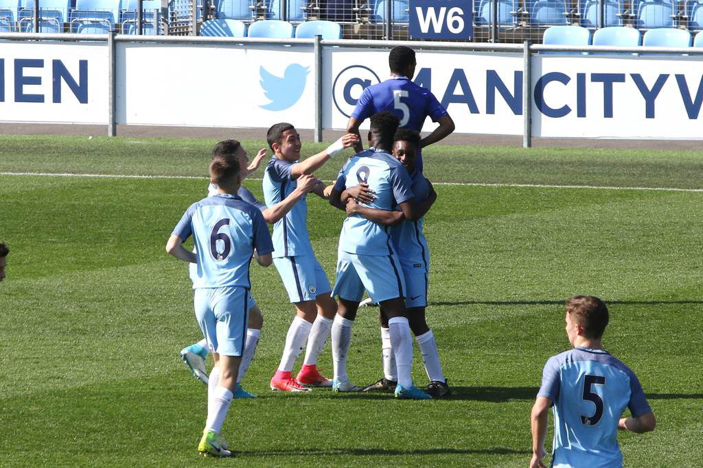 Tom Dele-Bashiru celebrates his goal for Man City U18 v Chelsea U18