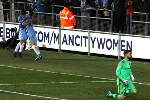 Tyreke Wilson celebrates with Phil Foden who scored Man City U18 equaliser against Chelsea in the FA Youth Cup Final