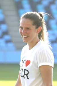 Abbie McManus wearing We Love Manchester T-Shirt before the Man City Women v Chelsea Ladies game