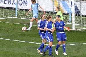 Emily Westwood (right) celebrates her goal with Birmingham City Ladies team mates Ellie Brazil and Kerys Harrop