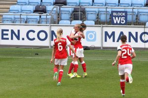 Jordan Nobbs celebrates putting Arsenal Ladies into the lead with her free kick