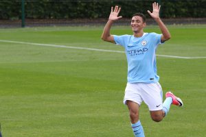 Nabi Touaizi celebrates his goal for Man City U18 against Wolves U18