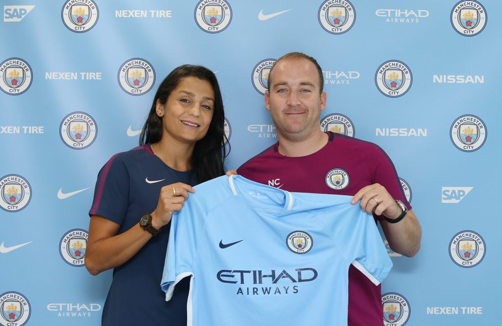 Nadia Nadim with Manchester City Women manager Nick Cushing