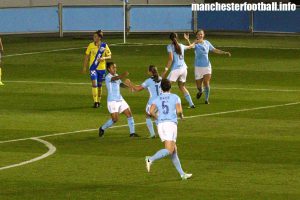 Nikita Parris (left) celebrates her goal for Man City Women with Georgia Stanway