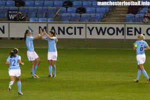 Jill Scott (second left) celebrates her goal with Abbie McManus