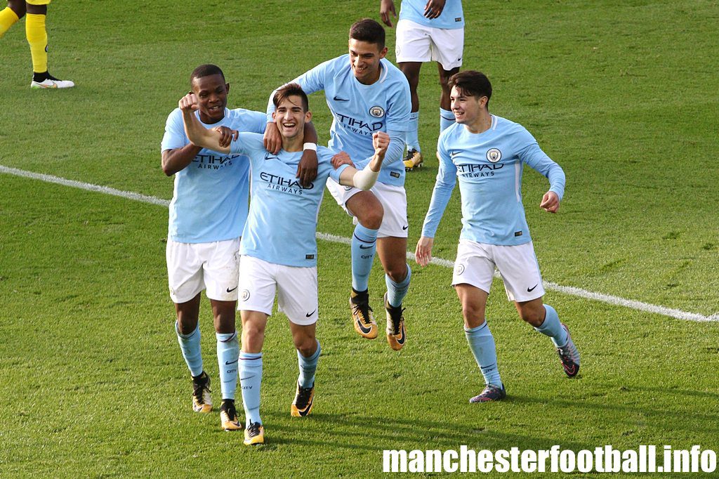 Benjamin Garre (centre left) celebrates his goal for Man City U19 against Napoli U19 in the UEFA Youth League with Rabbi Matondo (left), Nabil Touaizi (centre right) and Brahim Diaz (right)