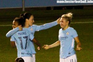 Izzy Christiansen (right) celebrates her goal with Nikita Parris (left) and Megan Campbell (centre)