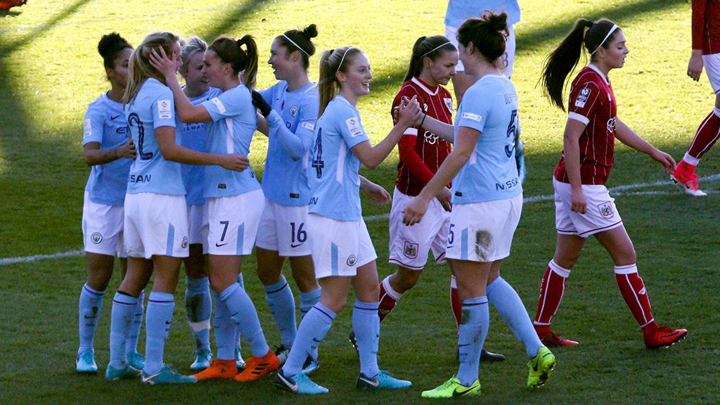 Claire Emslie is congratulated on her goal by Mel Lawley (left) while Keira Walsh (centre right) celebrates with assist provider Jen Beattie against Bristol City Women