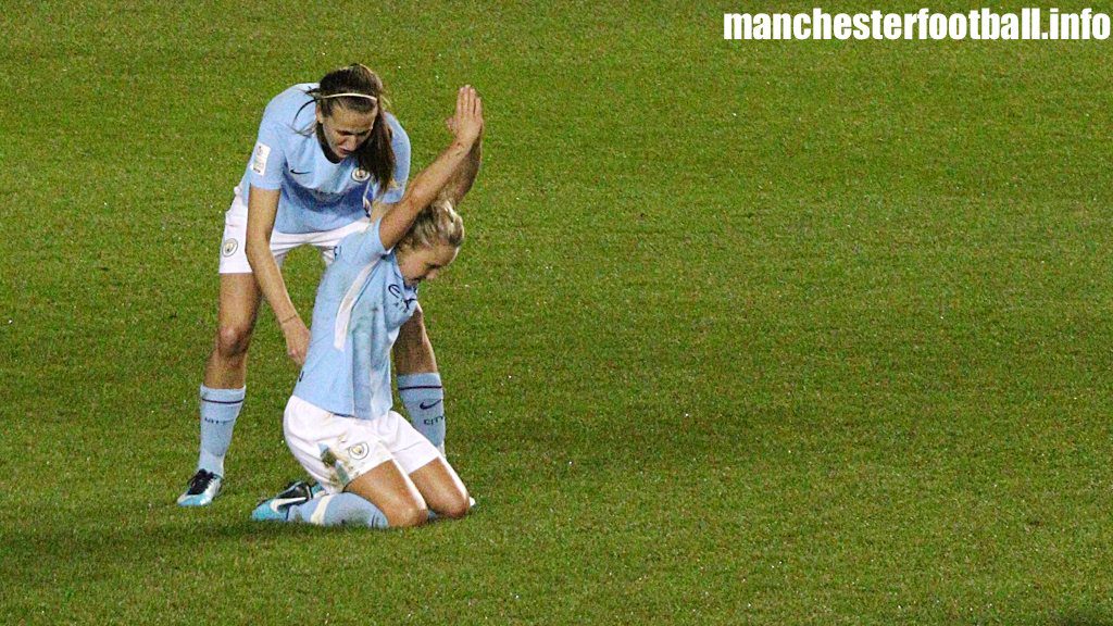 Izzy Christiansen celebrates her goal against Everton Ladies with Jill Scott on November 5, 2017