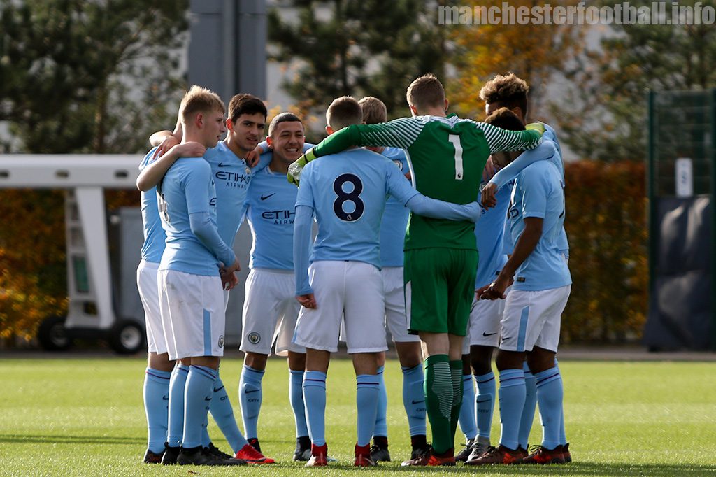 Manchester City U18 team line up for their game against Stoke City U18