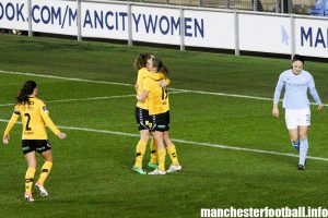 Marte Berget of LSK Kvinner celebrates her goal against Manchester City Women