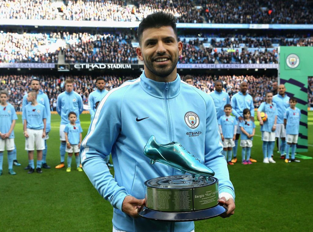 Sergio Aguero receives a Blue Boot award for breaking Manchester City's all-time goalscoring record