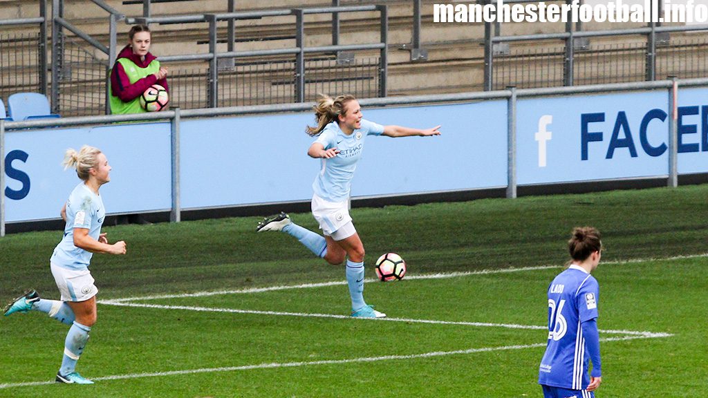 Claire Emslie celebrates Manchester City Women's second goal against Birmingham City Ladies