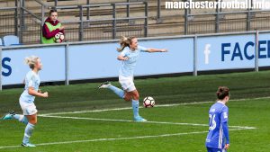 Claire Emslie celebrates Manchester City Women's second goal against Birmingham City Ladies