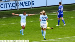 Nikita Parris celebrates her goal against Birmingham City Ladies with Claire Emslie