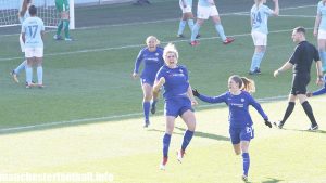 Chelsea's Millie Bright celebrates her goal against Man City Women
