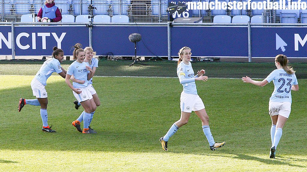 Georgia Stanway (second left) celebrates her equalising goal with Nikita Parris (left), and Esme Morgan (third left) while Jill Scott (centre right) and Abbie McManus (right) run towards each other