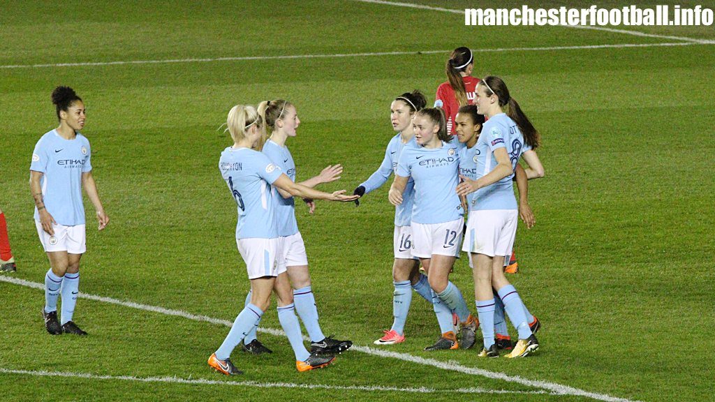 Nikita Parris (second right) celebrates her goal against Linkoping with Demi Stokes, Steph Houghton, Keira Walsh, Jane Ross, Georgia Stanway and Jill Scott