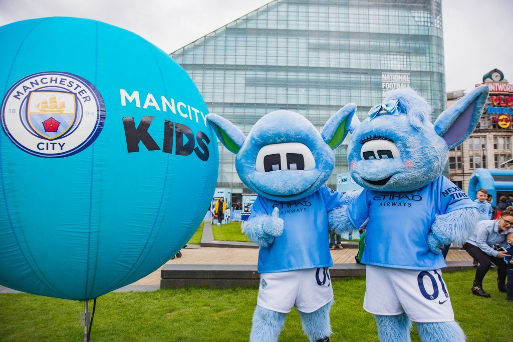 Manchester City's Moonbeam and Moonchester at Man City Kids Fan Zone