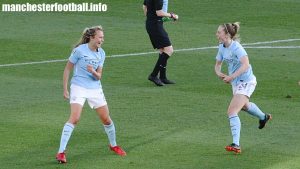 Claire Emslie celebrates her goal against Yeovil Town Ladies with Keira Walsh