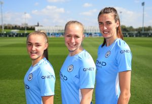 Georgia Stanway, Pauline Bremer, and Jill Scott launch QNET shirt sleeve sponsorship deal with Manchester City Women