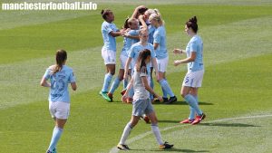 Jill Scott celebrates a goal against Everton Ladies