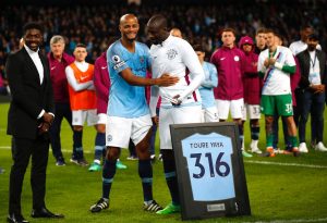Kolo Toure, Vincent Kompany, and Yaya Toure - 316 appearances on his last appearance for Manchester City