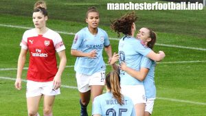 Caroline Weir congratulates goalscorer Georgia Stanway on her goal for Manchester City Women against league leaders Arsenal in their WSL game on December 2, 2018