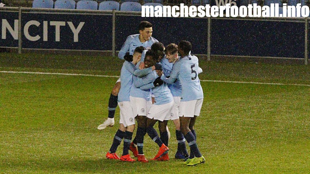 Man City U18 players celebrate Taylor Richards' deflected goal against Nottingham Forest U18 in the FA Youth Cup