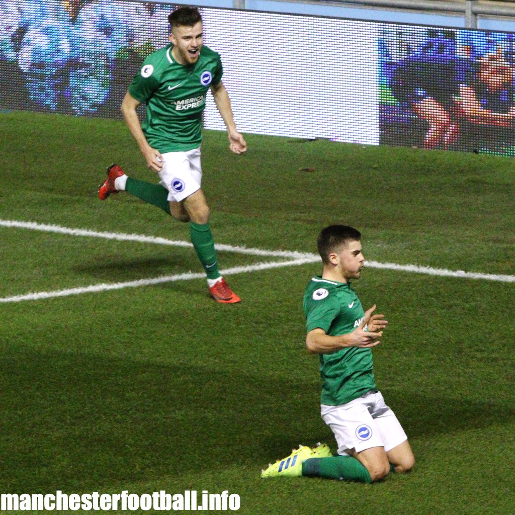 Danny Cashman celebrates the opening goal against Man City EDS for Brighton U23 on February 15 2019