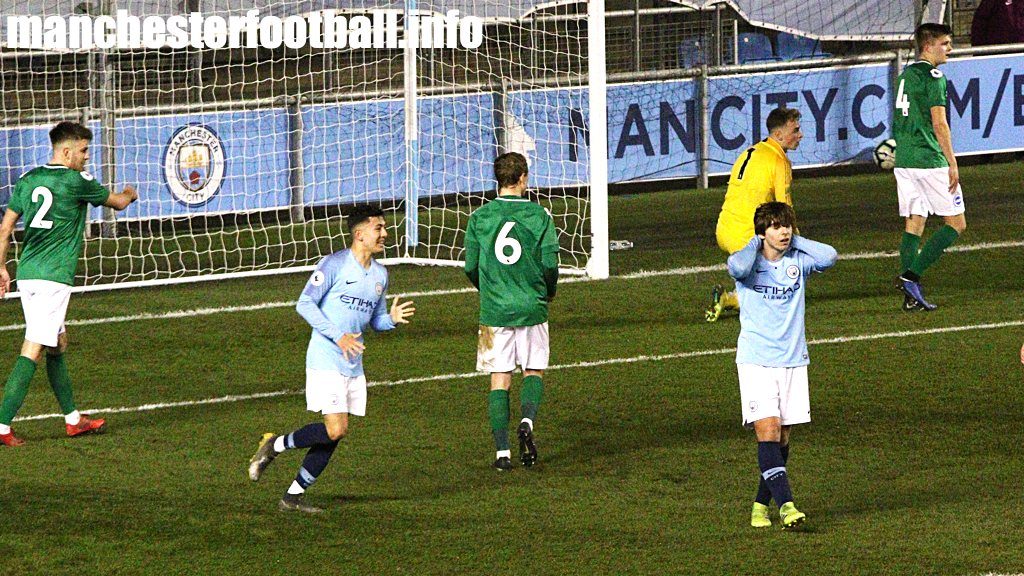 Man City EDS midfielder Adrian Bernabe has a shot saved by Tom McGill of Brighton U23 on February 15, 2019