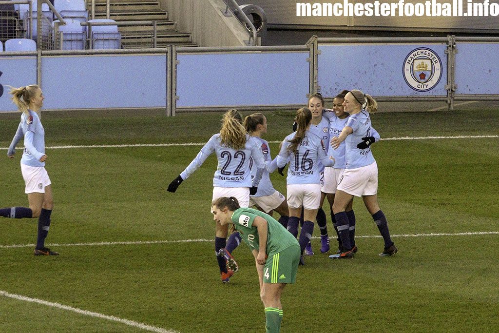 Nikita Parris celebrates her first goal in the FA Women's Cup with Tessa Wullaert and Pauline Bremer against Watford Ladies on February 2 2019