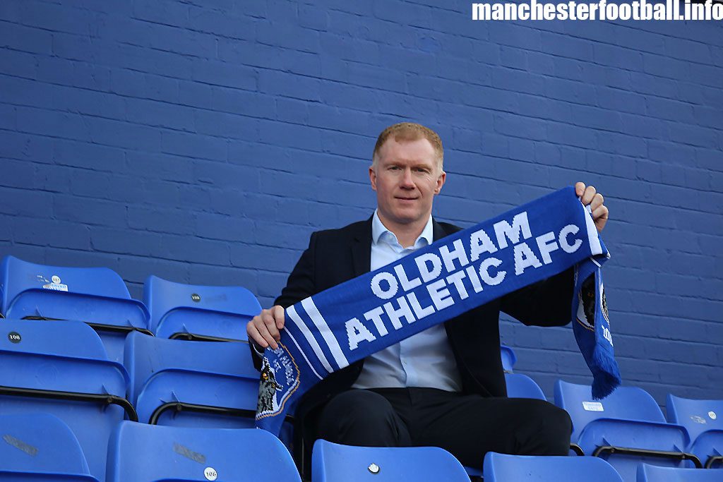 Paul Scholes sat in the stand at Oldham Athletic's Boundary Park Stadium