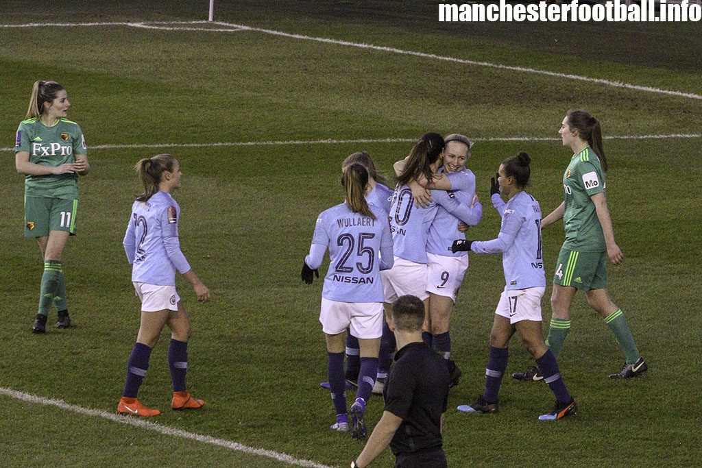 Pauline Bremer celebrates her first goal after a long injury lay off with Megan Campbell in the Women's FA Cup tie against Watford Ladies on February 2 2019
