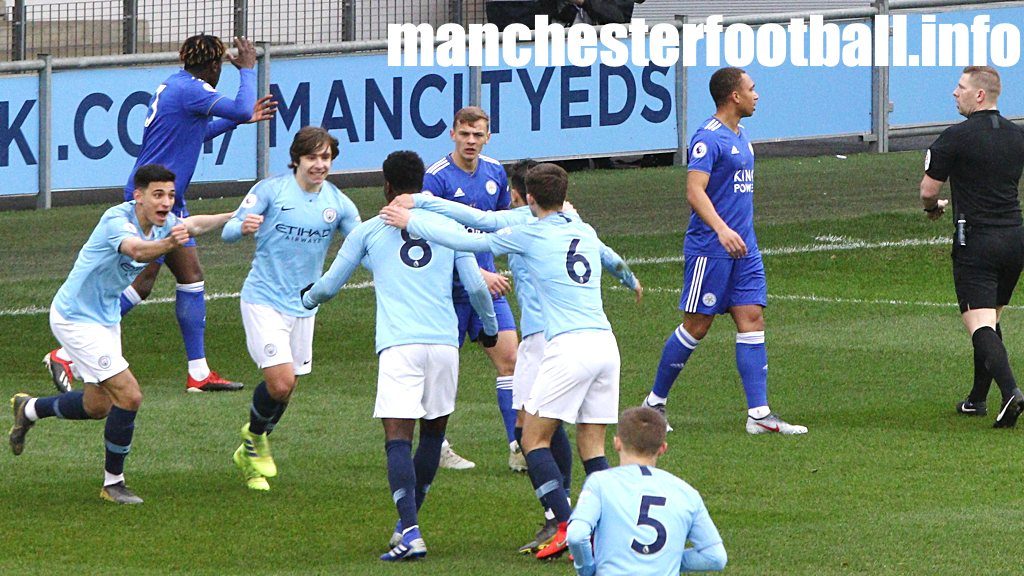 Adrian Bernabe (second left) celebrates his early goal for Man City EDS at home to Leicester City U23 on March 3 2019