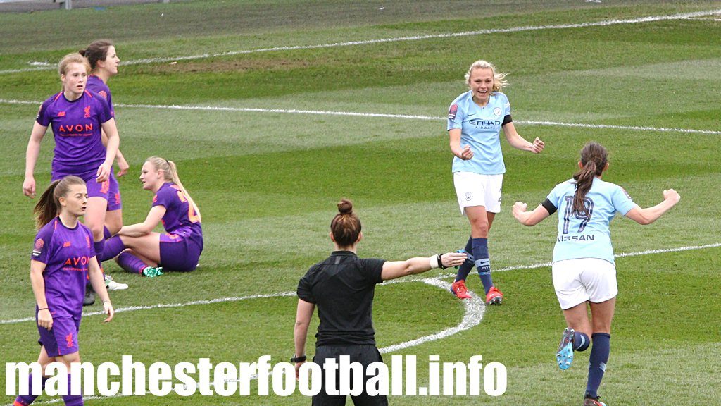 Claire Emslie celebrates her goal against Liverpool Women with Caroline Weir on Sunday March 31 2019