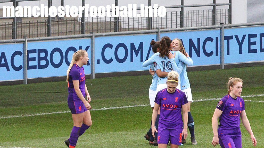 Janine Beckie (right) celebrates her goal for Man City Women against Liverpool Women in the FA Women's Cup on Sunday March 17 2019 with Nikita Parris and Caroline Weir