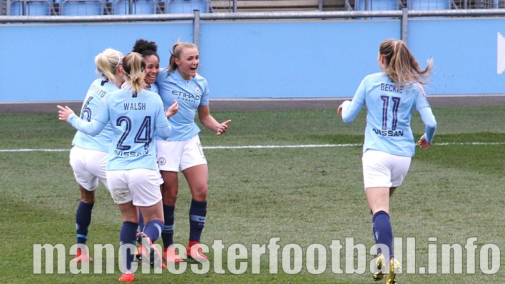 Demi Stokes celebrates Manchester City's winning goal for Manchester City Women against Chelsea Women - her cross was put into her own goal by Magdalena Eriksson in injury time - Sunday, April 19 2019 FA Cup Semi Final