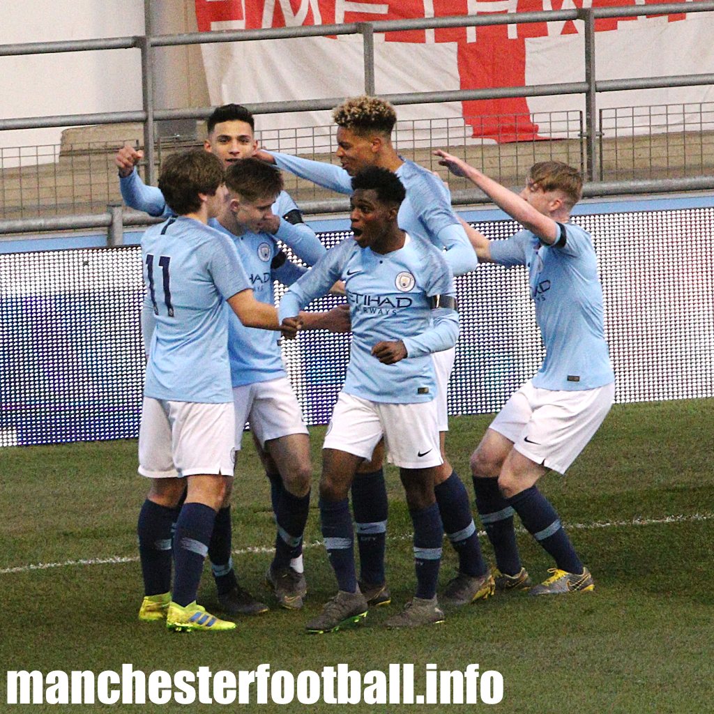 Manchester City's U18 players celebrate Ben Knight's opening goal for Manchester City U18 against WBA in the FA Youth Cup on April 1 2019