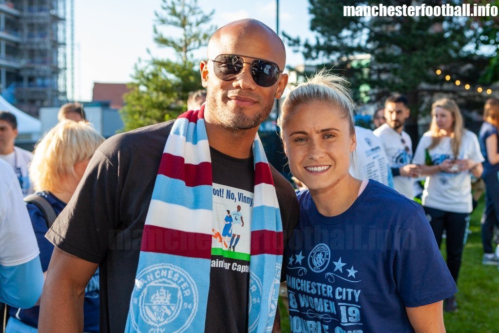 Manchester City captains Vincent Kompany and Steph Houghton at the Man City title parade outside Manchester Cathedral on Monday May 20, 2019