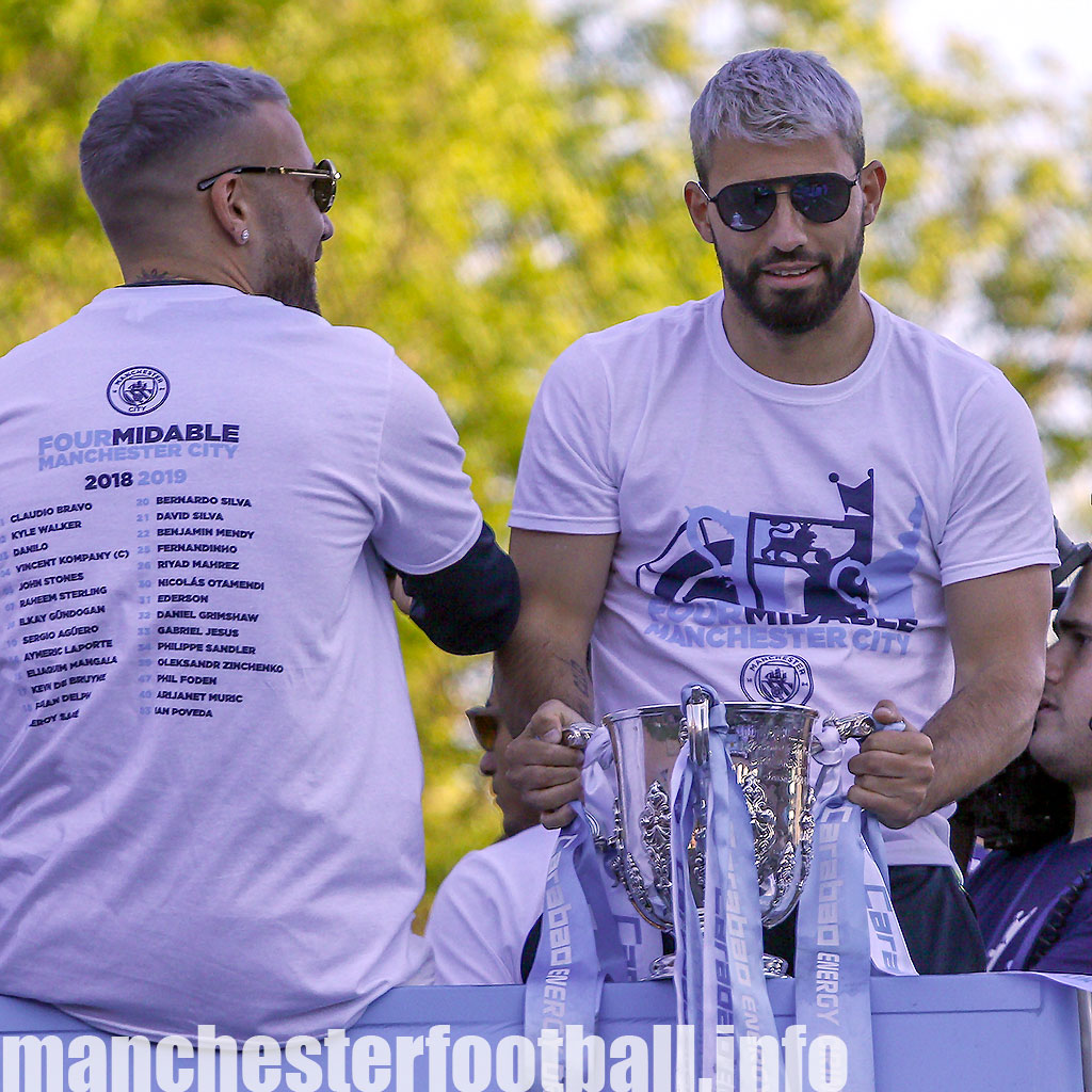 Manchester City striker Sergio Aguero with the Carabao Cup during their 2018/19 Fourmidables Title Parade 