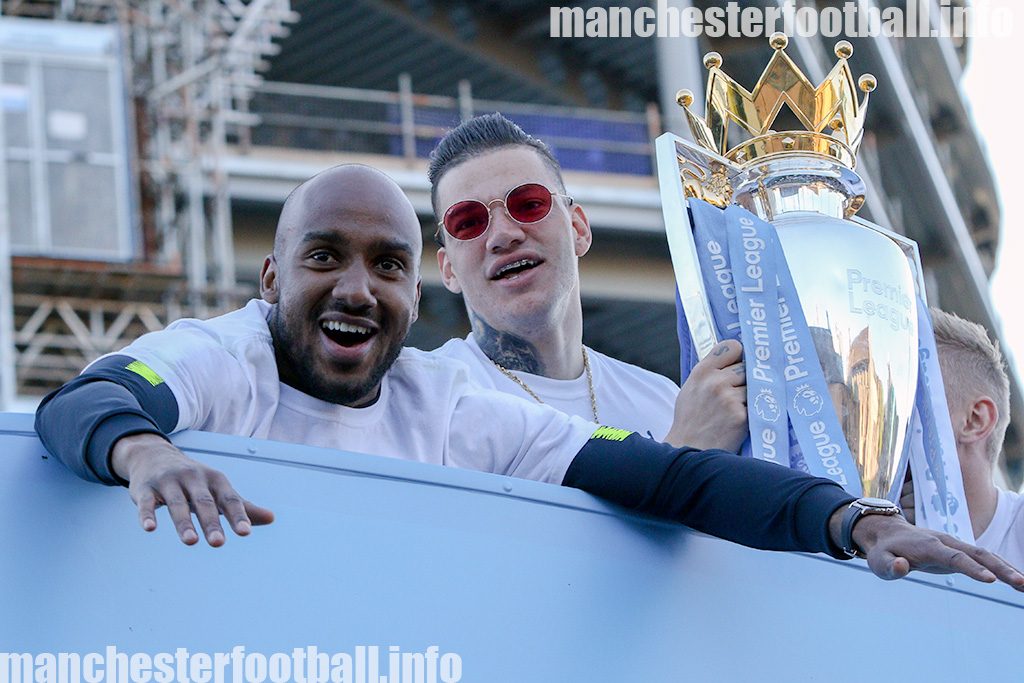 Fabian Delph and Ederson during the Manchester City title parade on May 20, 2019