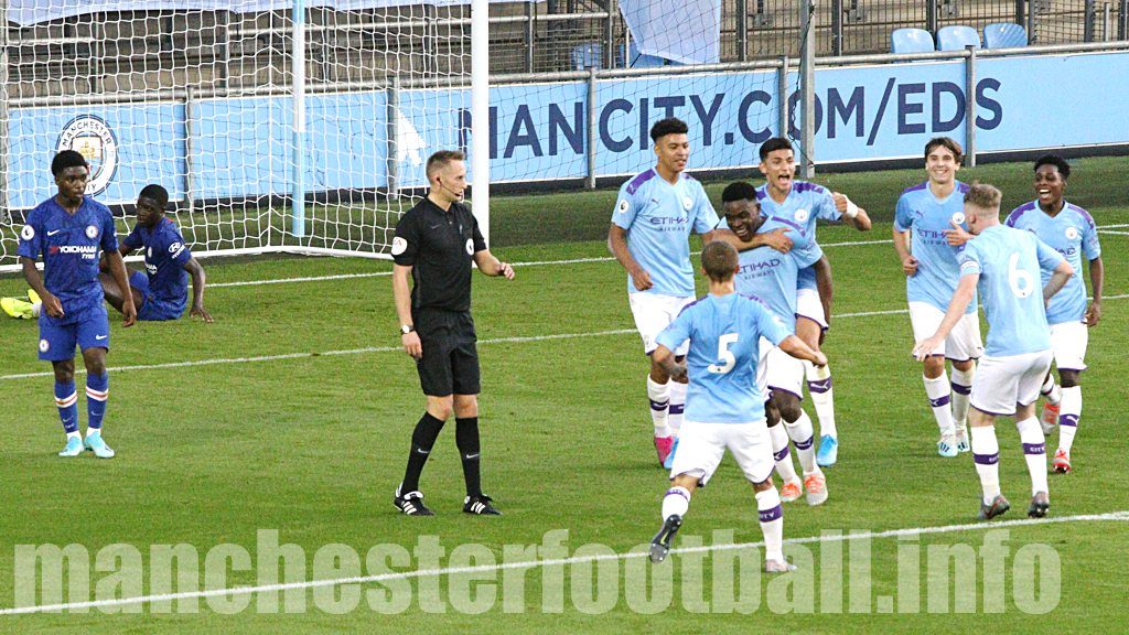 Fisayo Dele-Bashiru celebrates Manchester City EDS first goal against Chelsea U23 after his cross was turned into his own goal by Chelsea captain Marc Guehi