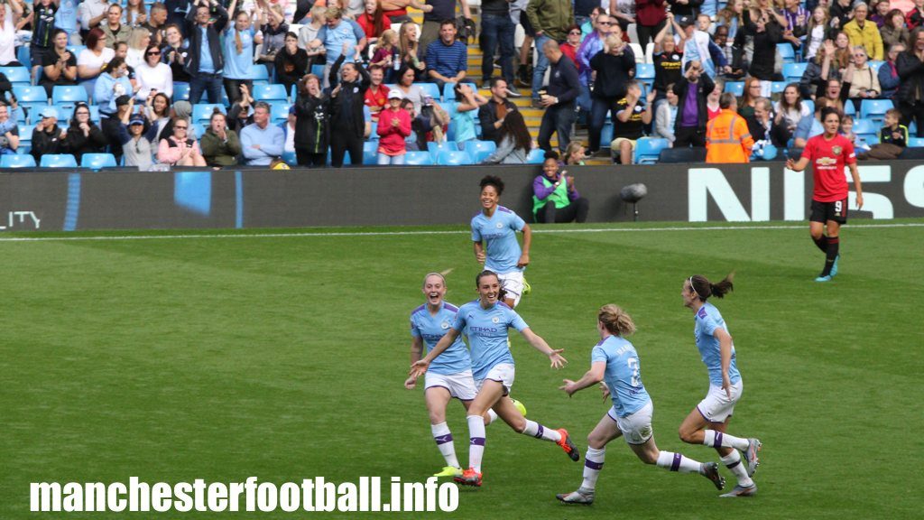 Caroline Weir celebrates her winning goal in the Manchester derby played at the Etihad Stadium on September 7, 2019