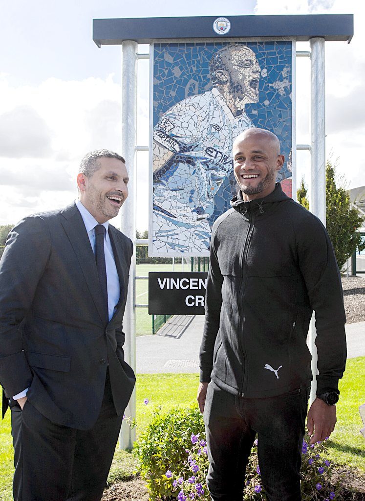 Khaldoon Al Mubarak and Vincent Kompany at the unveiling of Vincent Kompany Crescent at the City Football Academy on the day of Kompany's testimonial - September 11, 2019